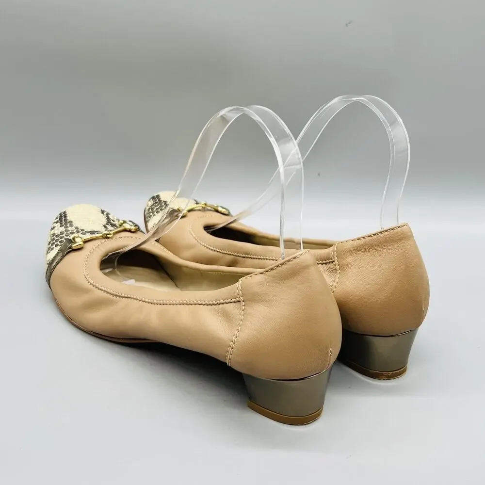 AGL Shoes Womens 10.5 Beige Leather Snake Cap Toe Gold Bit Flats Slip On Casual